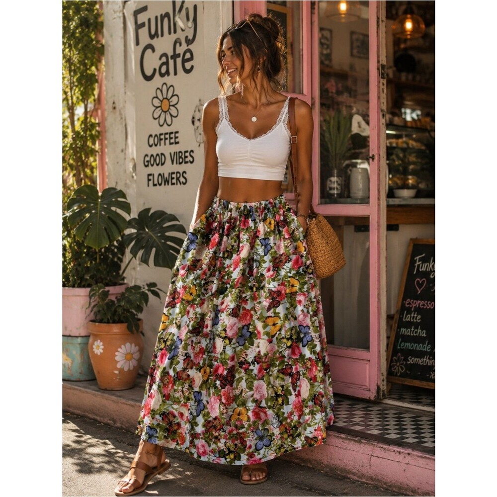 Butterfly Rose Floral Cottagecore Skirt Elastic Waist M/L Fairy Garden Whimsical